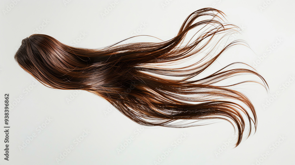 A strand of wavy, reddish-brown hair against a white background. A strand of wavy, reddish-brown hair against a white background.