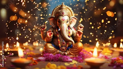 Statue of ganesha, most worshipped deities in the Hindu pantheon, on the background of blurred diwali lamps
