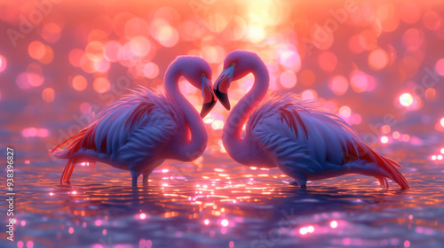 Two pink flamingos in love stand together facing each other in the water, enjoying the sunset. Concept of nature, animals, love.