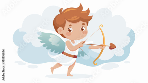 Cartoon Cupid with Bow and Arrow in the Clouds