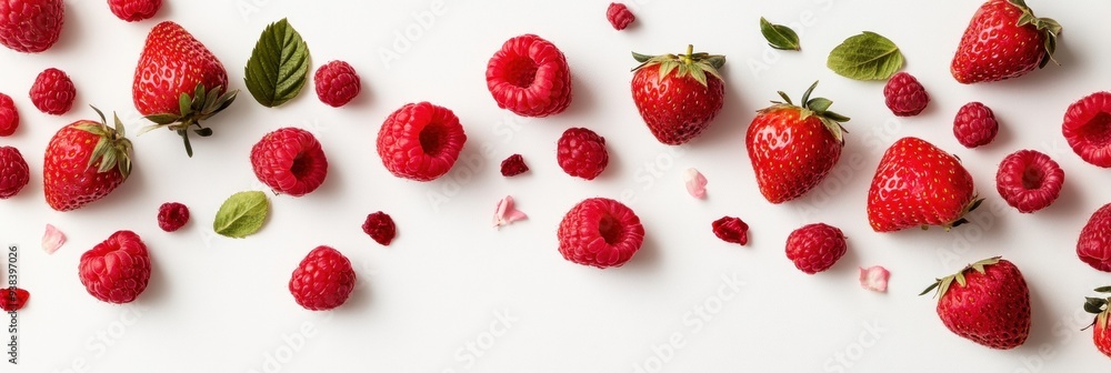 Scattered Raspberries and Strawberries on White Background Scattered Raspberries and Strawberries on White Background