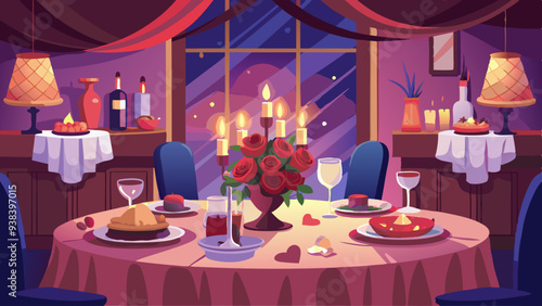 Elegant candlelit dinner for two with roses in a cozy restaurant