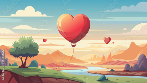 Heart-shaped balloons floating over a scenic valley at sunrise
