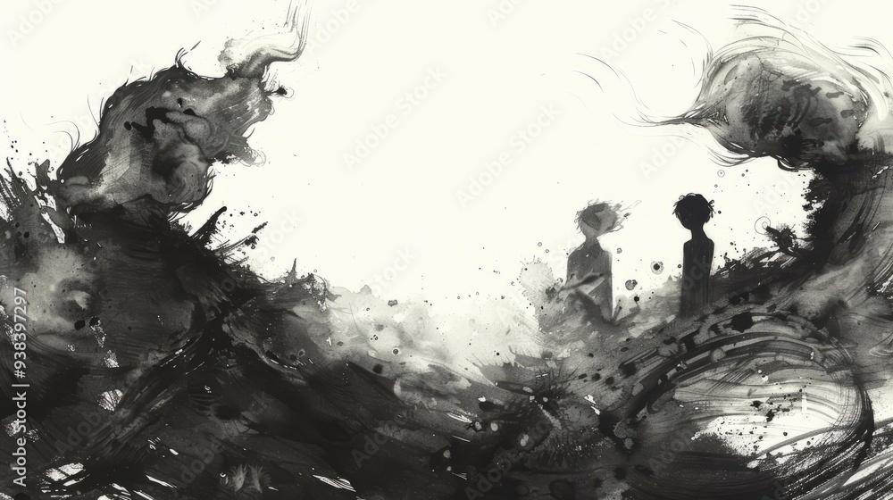 Black and white illustration couple in love abstract art romantic minimalistic background Black and white illustration couple in love abstract art romantic minimalistic background