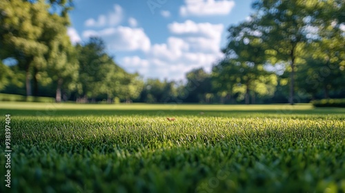 Lush green grass under bright blue sky in a serene park during daytime