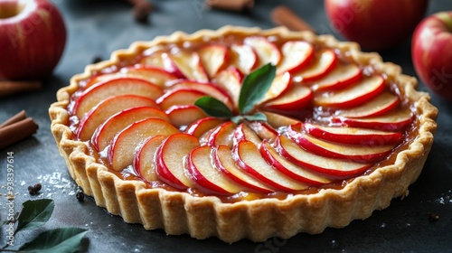 Freshly baked apple pie with a golden lattice crust on a dark background