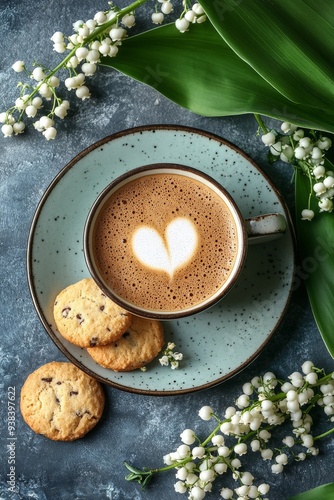 Coffee and cookies surrounded by fresh lily of the valley flowers on a blue t...
