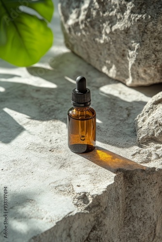 Clear glass bottle with golden liquid on a stone surface by a sunlit window