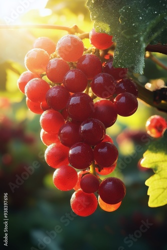 Red grapes hanging on a vine at sunset in a vineyard