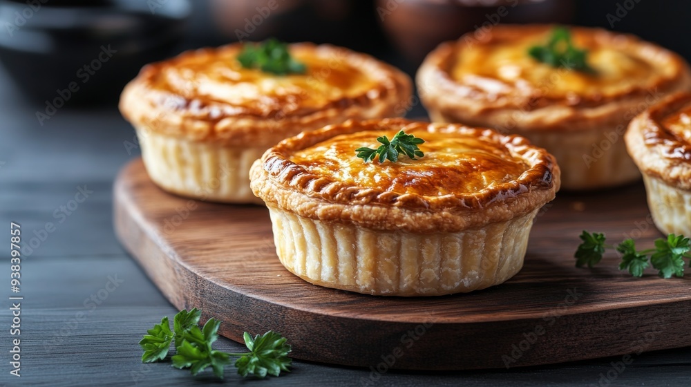 Savory pies resting on a wooden board with herbs in a cozy kitchen Savory pies resting on a wooden board with herbs in a cozy kitchen