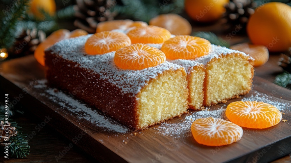 Freshly baked orange cake with slices garnished, set on a wooden table with festive decorations Freshly baked orange cake with slices garnished, set on a wooden table with festive decorations
