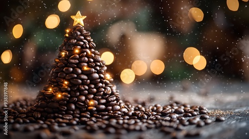 offee Bean Christmas Tree with Warm Festive Lights photo