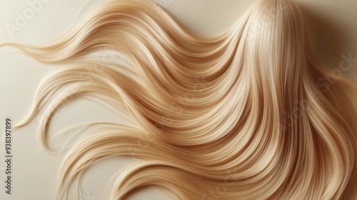 Long wavy blonde hair cascading on a neutral background