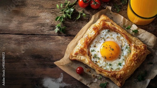Breakfast dish with egg, tomatoes, and herbs on a wooden table with orange juice