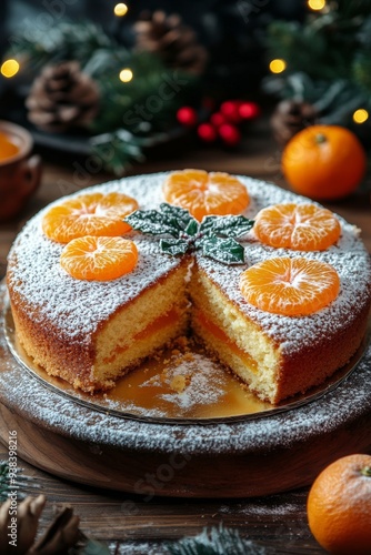 Festive orange cake decorated with citrus slices and pine cones on a wooden t...