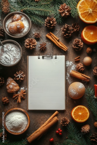 Ingredients and cooking essentials arranged for holiday baking on a wooden table