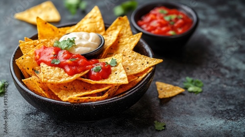 Crunchy tortilla chips with fresh pico de gallo and creamy dip on a dark surface