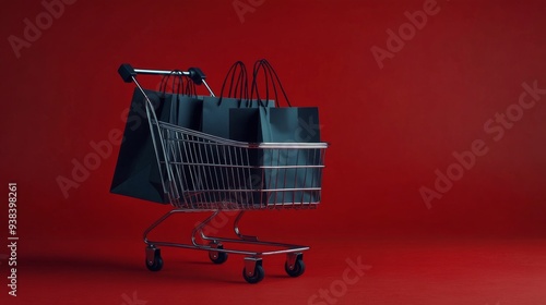 Shopping cart filled with black bags against a bright red background