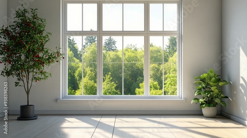 Bright interior with large windows and greenery overlooking a lush outdoor la...