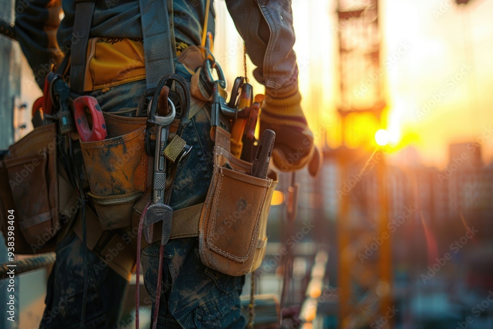 A construction worker holds a tool belt, ready for work A construction worker holds a tool belt, ready for work