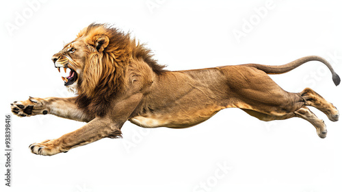 A lion is running and leaping, its mouth open in a roar.

