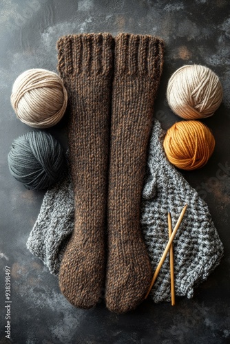 Cozy handmade knit socks with yarn balls and knitting needles on a textured b...