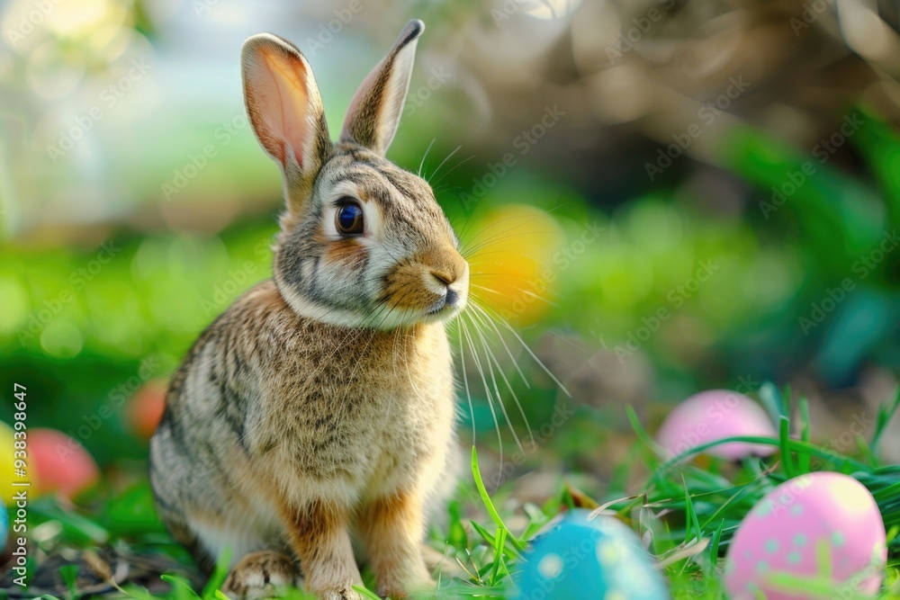 A small rabbit sitting on the grass surrounded by Easter eggs A small rabbit sitting on the grass surrounded by Easter eggs