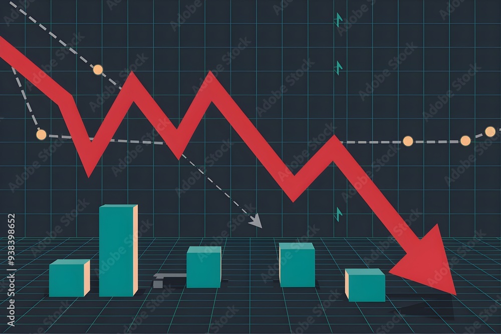 Naklejka premium Red graphical representation with downward arrows, suggesting negative market outlook