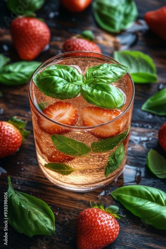 Refreshing strawberry basil drink on a wooden surface with fresh strawberries
