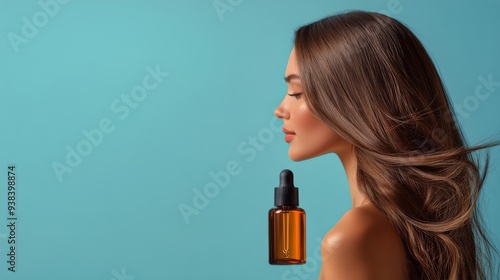 Woman with long hair holds a dropper bottle against a blue background