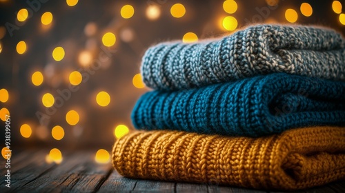 Cozy knitted sweaters stacked on a wooden surface with warm bokeh lights in t...