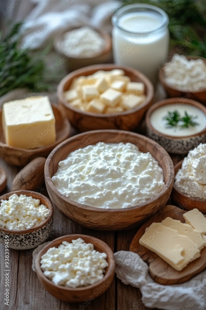 Fresh dairy products displayed in wooden bowls on a rustic wooden table Fresh dairy products displayed in wooden bowls on a rustic wooden table