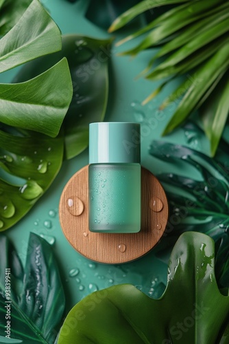 Eco-friendly skincare product placed on wooden surface surrounded by lush gre...