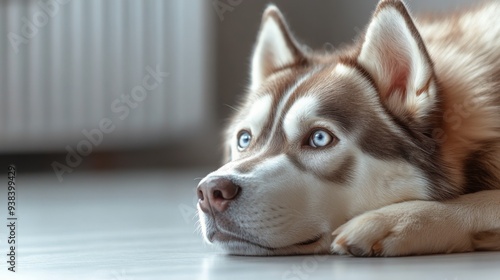 Siberian husky resting on a light floor with blue eyes