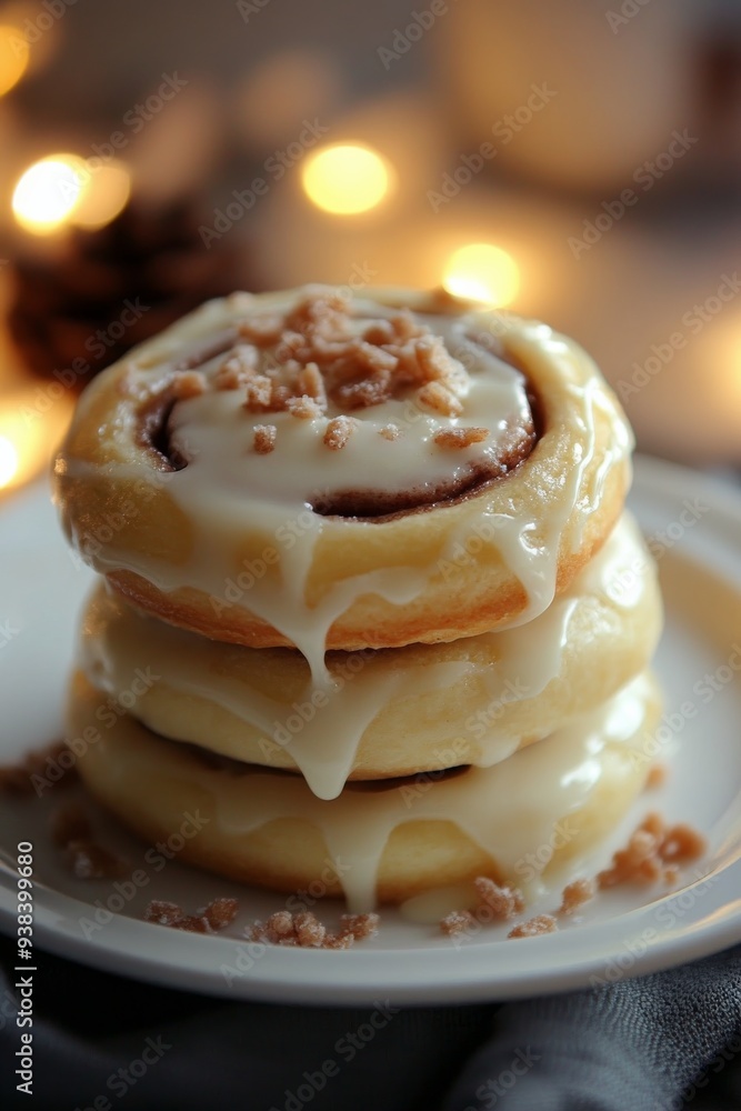 Freshly baked cinnamon rolls with creamy glaze and herbs on a rustic wooden table Freshly baked cinnamon rolls with creamy glaze and herbs on a rustic wooden table