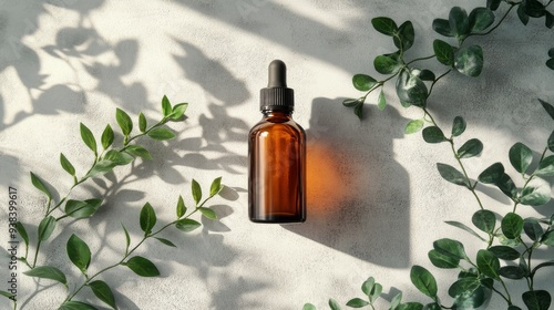Glass bottle with essential oil resting on a stone surface in natural light