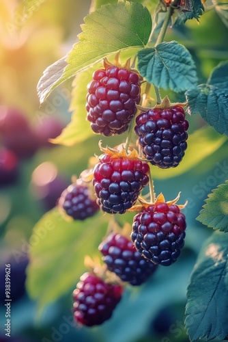 Ripe blackberries hanging on a bush during golden hour in a lush orchard