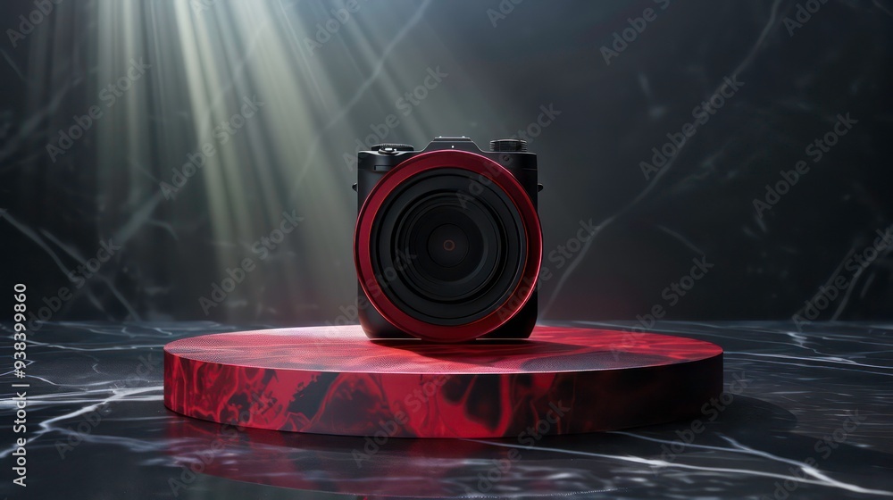 Black camera with red lens ring on a round wooden podium, black marble ...