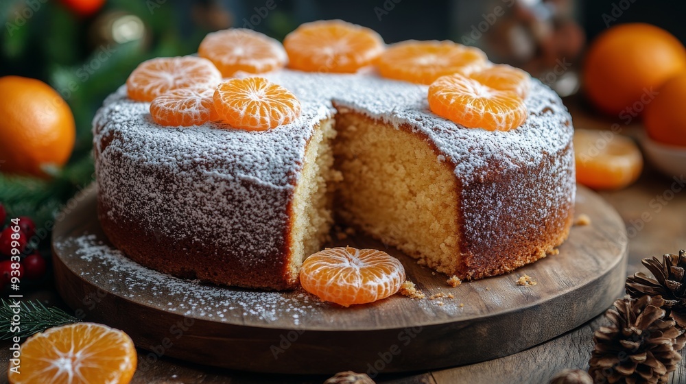Freshly baked orange cake with slices garnished, set on a wooden table with festive decorations Freshly baked orange cake with slices garnished, set on a wooden table with festive decorations