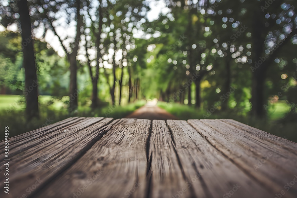 Rustic wooden surface against blurred green forest backdrop, natural depth and perspective Rustic wooden surface against blurred green forest backdrop, natural depth and perspective