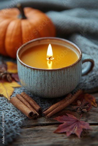 Cozy autumn scene with a pumpkin, candle, cinnamon sticks, and autumn leaves