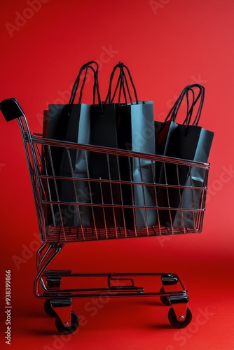 Shopping cart filled with black bags against a vibrant red background