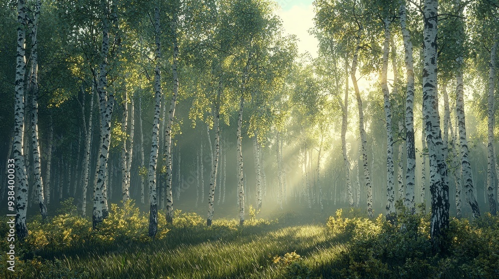 A misty morning in a birch forest, with sunlight streaming through the trees. A misty morning in a birch forest, with sunlight streaming through the trees.