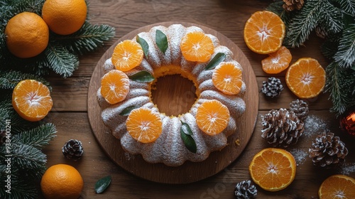 Homemade orange cake decorated with fresh mandarin slices on a rustic wooden ...