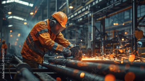 A man in a yellow and orange jacket is working with a metal pipe