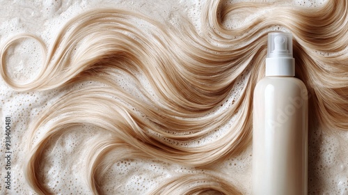 Long wavy blonde hair cascading on a neutral background