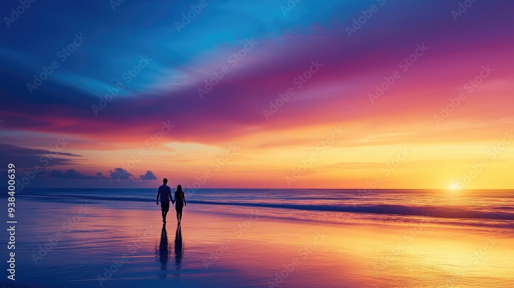 A serene sunset view with a couple walking along the beach, reflecting vibrant colors on the water, creating a romantic atmosphere. A serene sunset view with a couple walking along the beach, reflecting vibrant colors on the water, creating a romantic atmosphere.