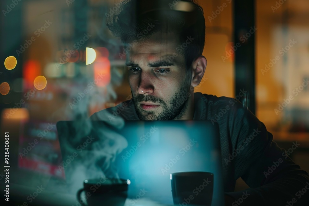 A man is sitting at a table with a laptop and a cup of coffee