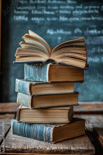 Stacked vintage books with an open book on top against a chalkboard background