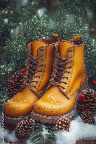 Red shoes surrounded by pinecones and festive greenery on a wooden surface